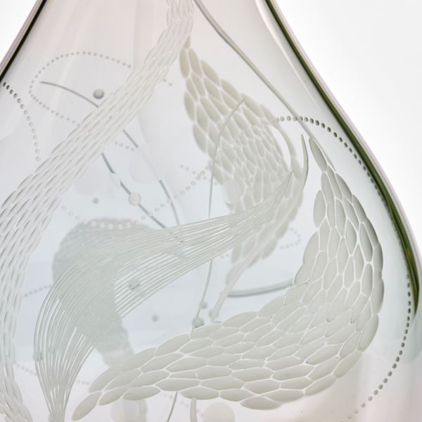 soft grey and duck egg blue transparent teardrop shaped handmade glass vase with organic detailed engraved patterns