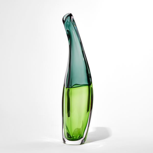 Two tone green tall softy twisted slightly bulbous handblown glass vase