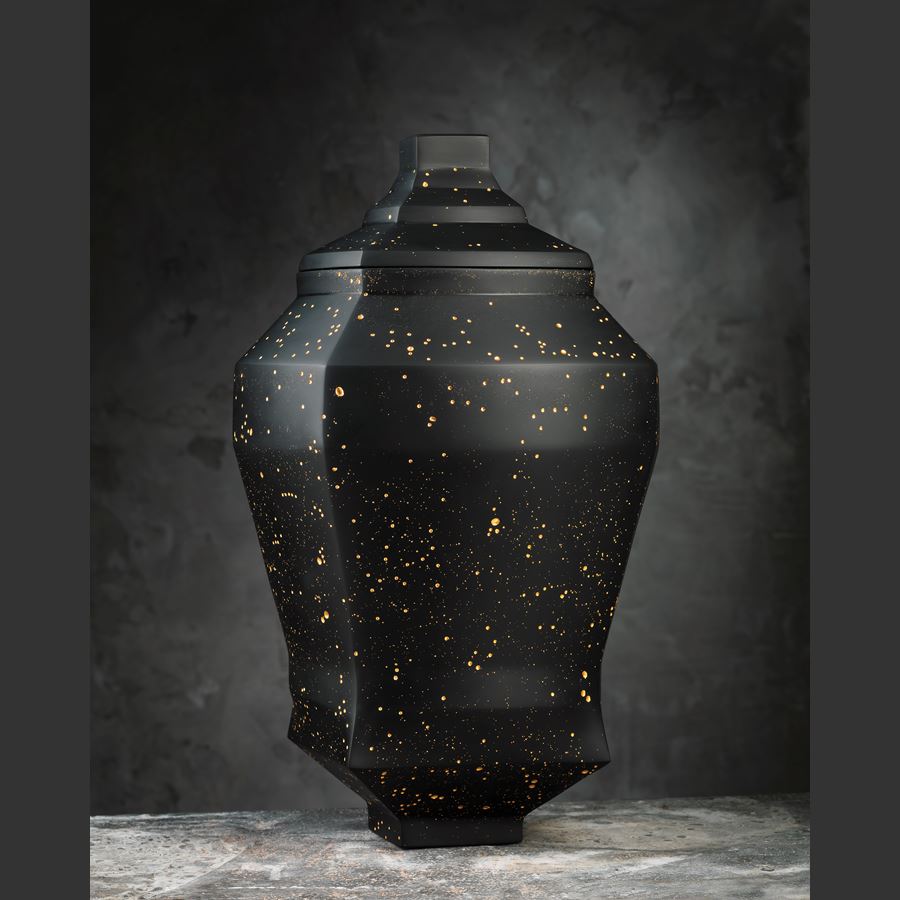 oriental style decorative glass art urn vase in black and gold