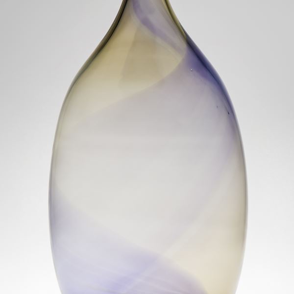 purple and ochre tall necked transparent bulbous bottle handmade from glass