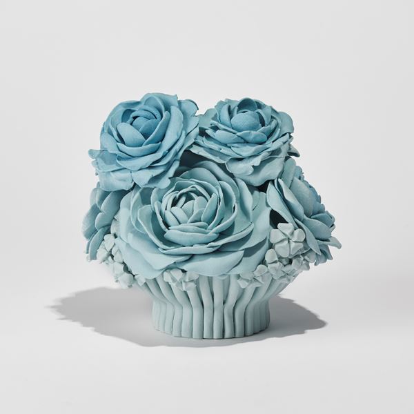 dusky light blue garland of roses and flowers handmade from porcelain