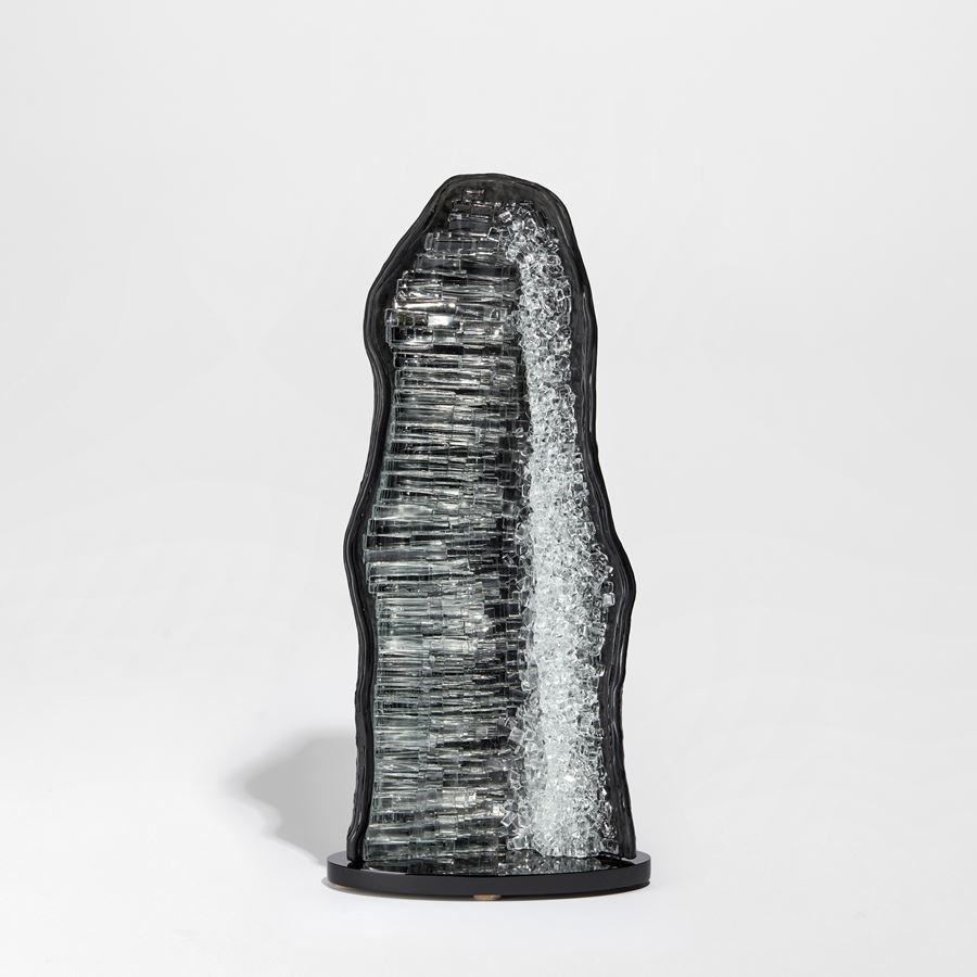 black grey and clear geode inspired tall handmade glass sculpture with crystal interior detail