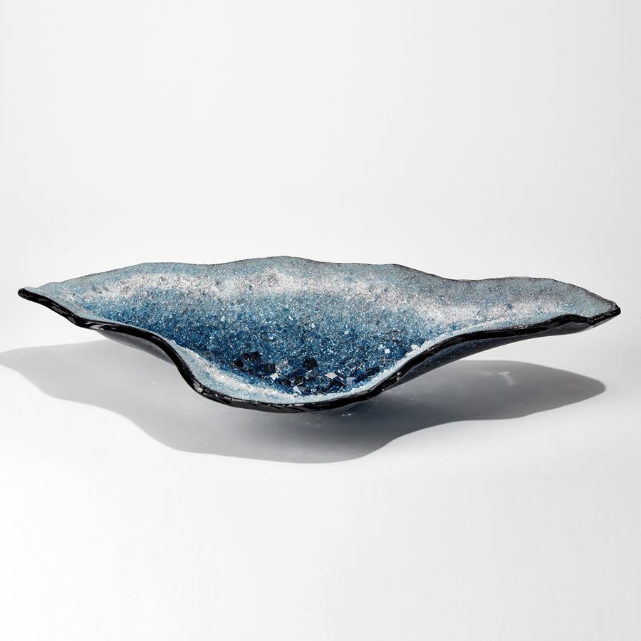 aqua and dark blue oyster shell shaped organic wide sculptural bowl hand made from glass