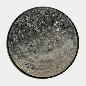 bronze and grey round moon like wall mounted artwork with crystal covered surface hand made from glass