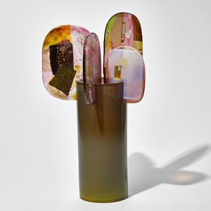 khaki pink and yellow abstract tree sculpture with lollipop leaves hand made from glass