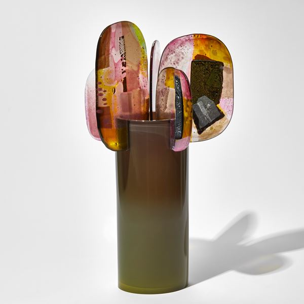 khaki pink and yellow abstract tree sculpture with lollipop leaves hand made from glass