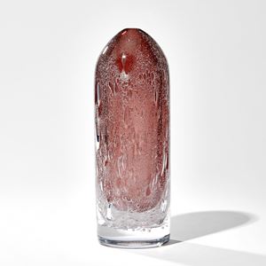 tall rounded top sculpture in aubergine with trapped effervescent bubbles hand made from glass