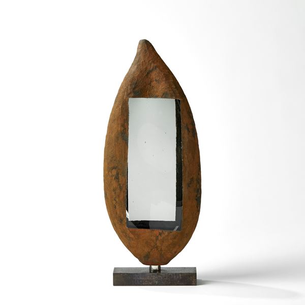modern art glass centrepiece sculpture with steel in brown and grey