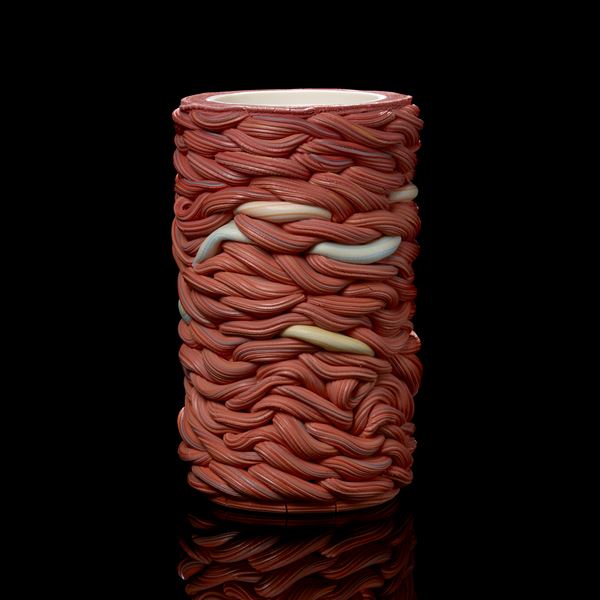 red and mixed colours interwoven cylinder vessel handmade from parian porcelain