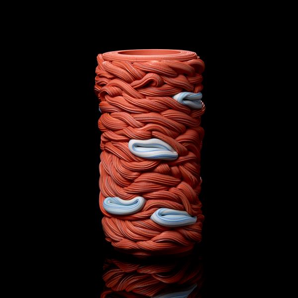 chunky red woven stacked vessel with blue sections handmade from clay