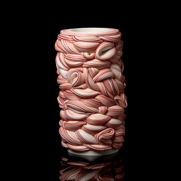 striped red orange violet and white woven candy vessel handmade from clay 