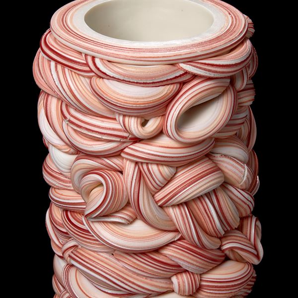 striped red orange violet and white woven candy vessel handmade from clay 