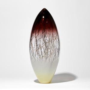 tall cream deep aubergine amber and clear ovoid sculpture with internal fine canes in black white and gold handmade from glass