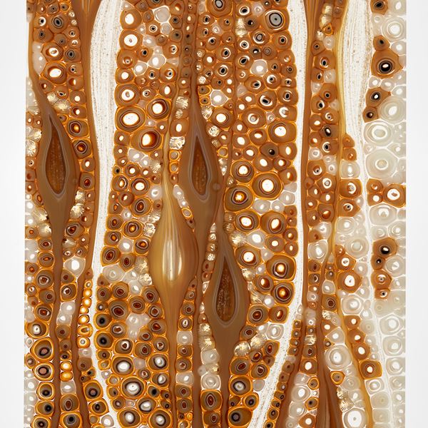 gold and brown panel handmade from glass with organic pattern and wooden base