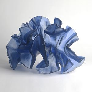 deep blueish purple crunched and frilled sculpture hand made from cast glass