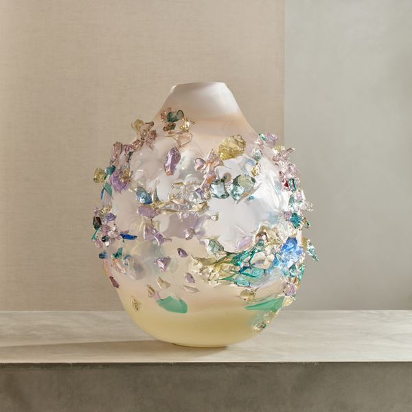 cream fading to soft minky pink teardrop rounded vase covered in organic shards of soft pastel colours all handmade from glass