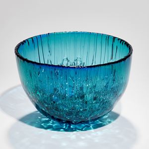 blue and green rounded based bowl with dribbled inside hand made from glass