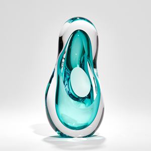 rounded teardrop form with front opening hand made from glass in clear and watery green turquoise