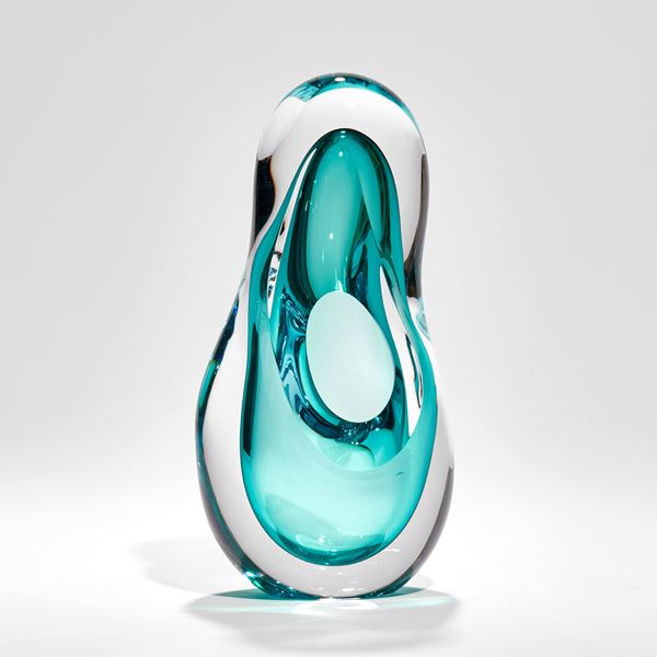 rounded teardrop form with front opening hand made from glass in clear and watery green turquoise