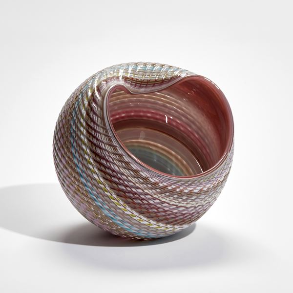 abstract striped pastel coloured shell sculpture with glossy interior and ridged cut exterior handmade from glass