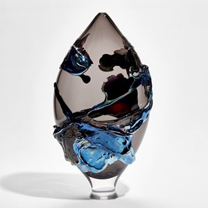 teardrop vessel in transparent smokey glass with lustrous organic surface decoration handmade from glass