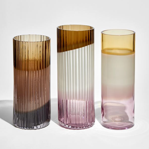 amber soft white and pink transparent hand made tubular glass vase