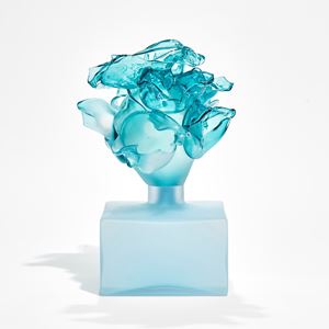 low frosted turquoise box with upper clear aqua abstract floral cluster perched on top hand made from glass