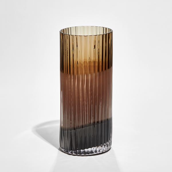column ridged cylindrical vase in amber and two tone brown hand made from glass
