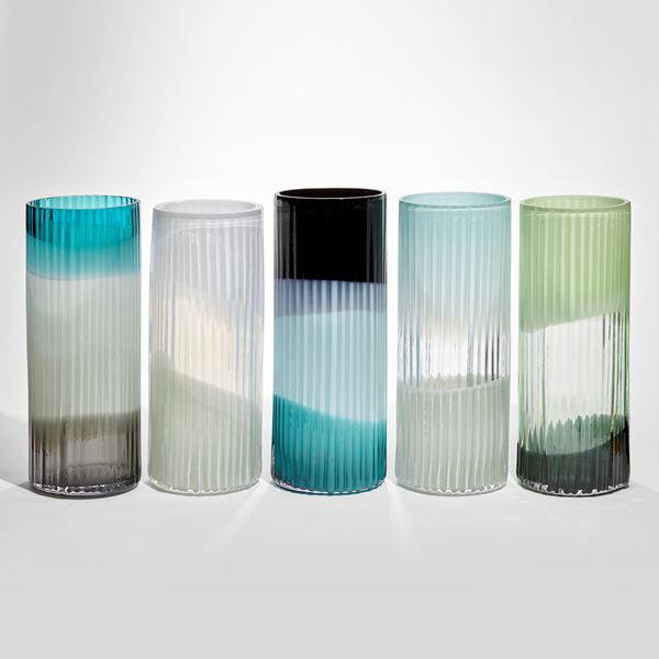 ridged column vase inspired by Mark Rothko with abstract bands of celadon green and dark green hand made from glass
