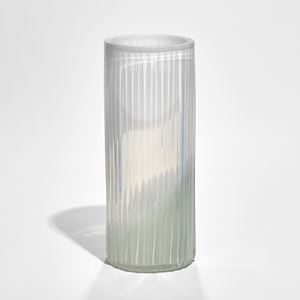 opal white clear and celadon green ridged tubular cylindrical vase hand made from glass