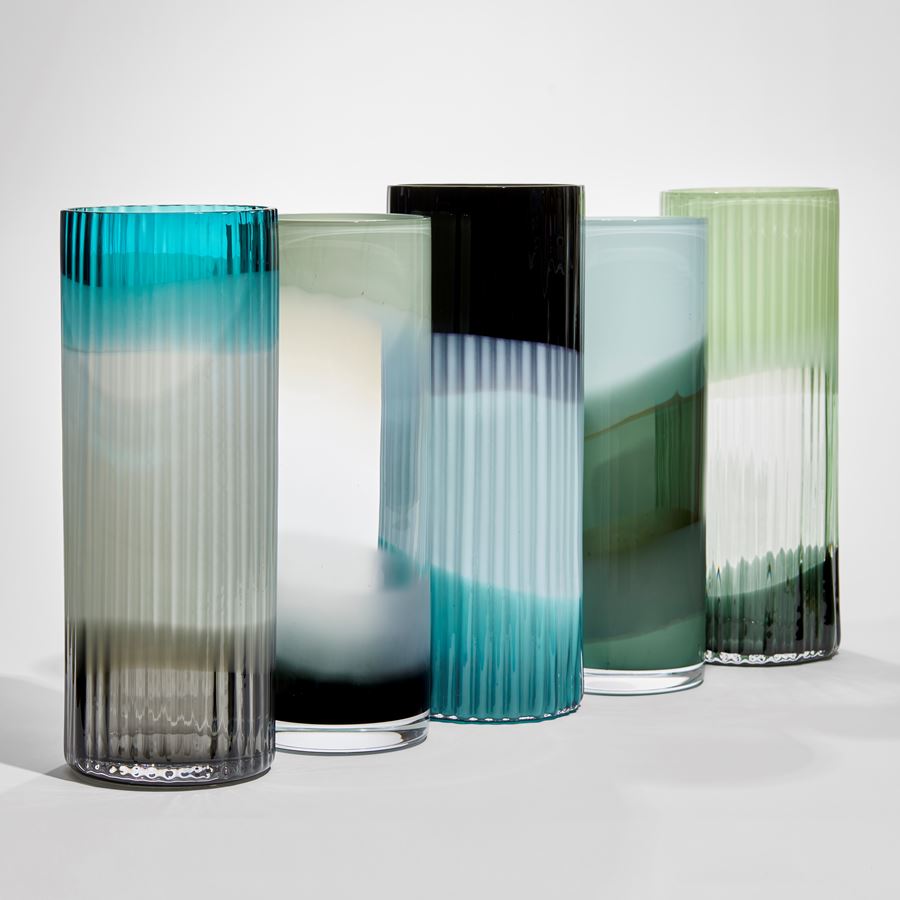 Mark Rothko inspired hand made cylindrical glass vase with organic bands of celadon green smokey white and black