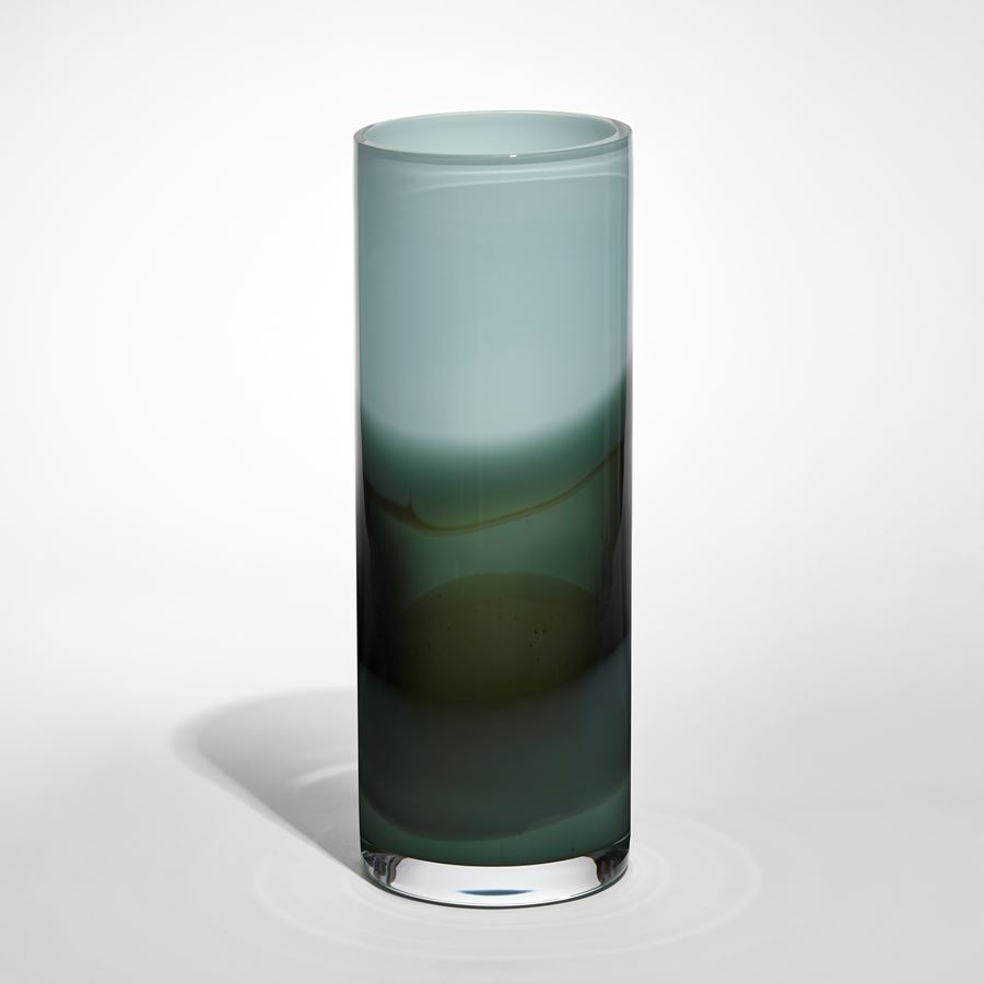 smooth cylinder vase inspired by Mark Rothko paintings in two abstract bands of light blue and dark green hand made from glass