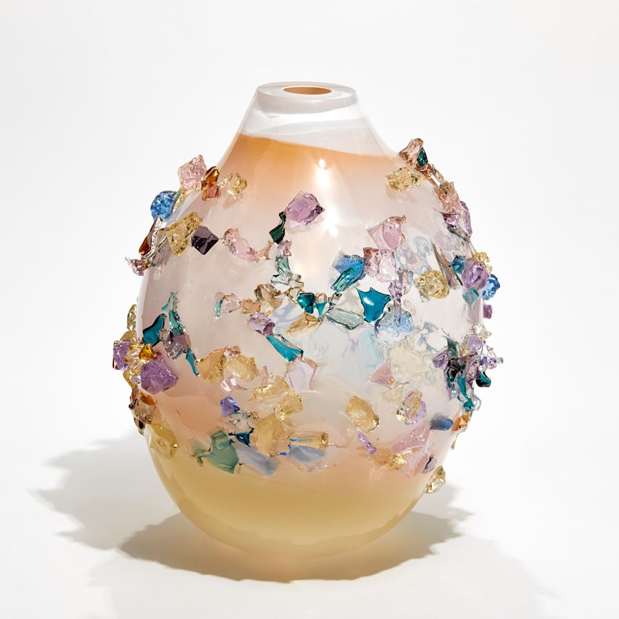 cream fading to soft minky pink teardrop rounded vase covered in organic shards of soft pastel colours all handmade from glass