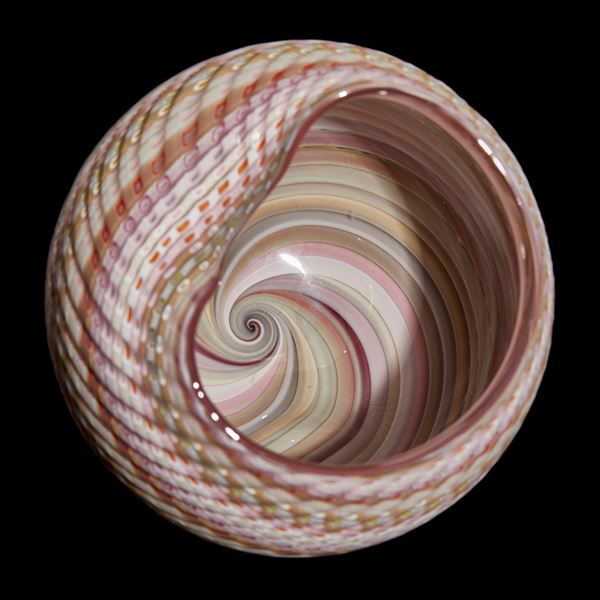 rounded striped shell like sculptural vessel in mixed pastel colours hand made from glass