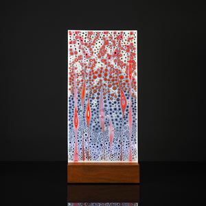 tall rectangular panel with organic detail that is a multitude of small dots and grass head shapes in blue purple white and red hand made from glass with wood base 