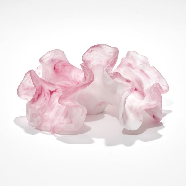 hand made and cast frilled coral like sculpture created from marbled transparent pink and opaque white glass