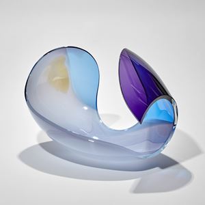 purple blue and soft lilac grey with a spot of beige shell like form hand made from glass