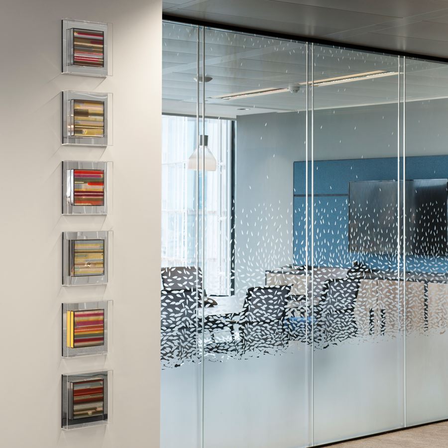 modern glass wall art in minimalist line colours in acrylic box