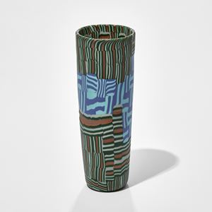 flared tubular vase with mosaic uneven pattern in blue green and rust hand made from glass
