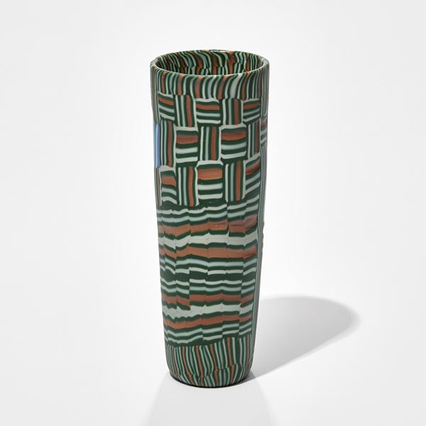 flared tubular vase with mosaic uneven pattern in blue green and rust hand made from glass