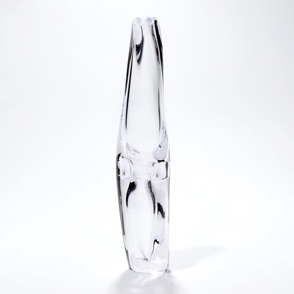 amorphic tall clear vase form with soft top and central banded detail hand made from glass