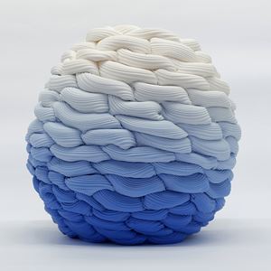beehive woven form with small top aperture fading from dark blue at the base to off white at the top hand made from parian porcelain