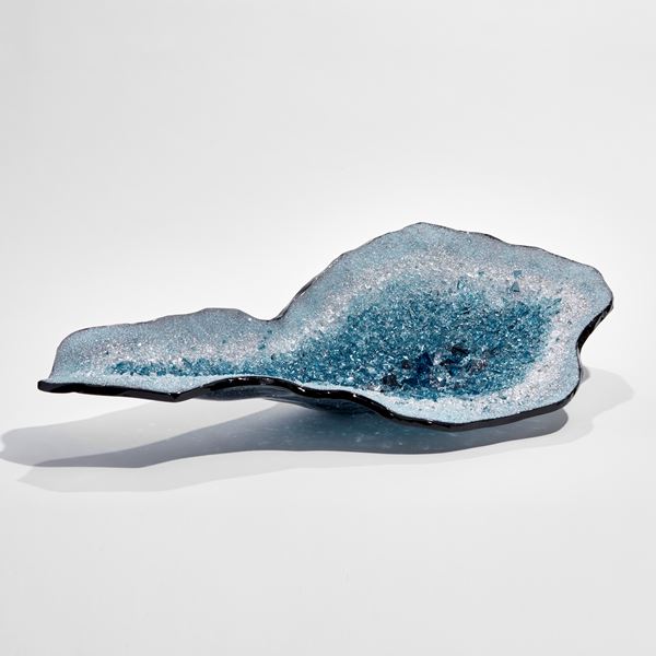 dark blue silver white and aqua abstract oyster shell shaped low centrepiece with interior lined with small twinkling crystals hand made from glass