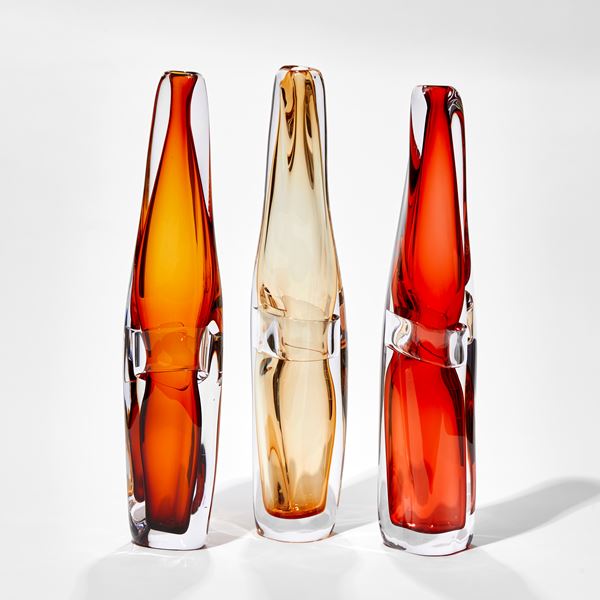 soft transparent amber with an outer layer of clear tall amorphous vase hand blown and sculptured in glass