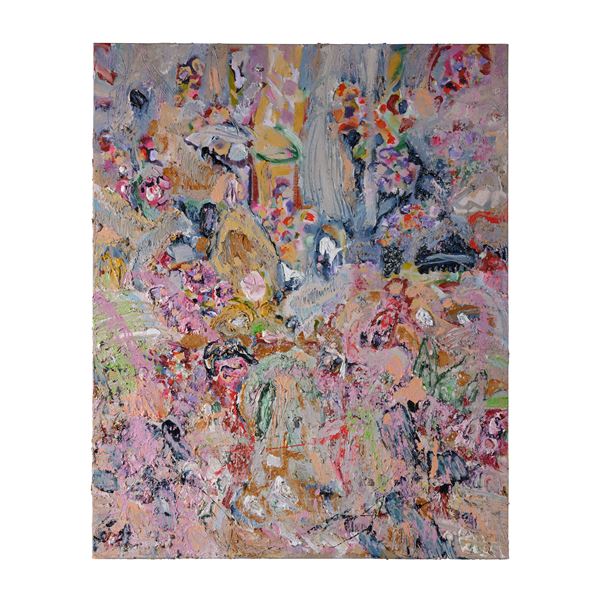 mixed coloured and highly textured abstract painting of flowers with bursts of colour hand painted with oil paint