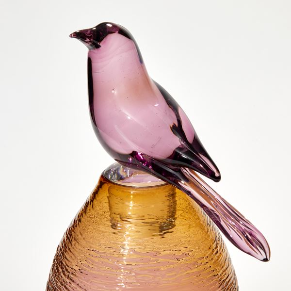 transparent purple vessel with amber top section with fine raised cane detail and purple bird shaped stopper on the top hand made from glass