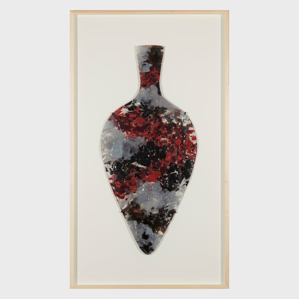 framed flat amphora bottle shaped artwork in grey red and black with textured surface