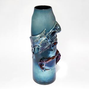 tall metallic blue vase with tapering neck with central raised abstract three dimensional textured section hand blown from glass 