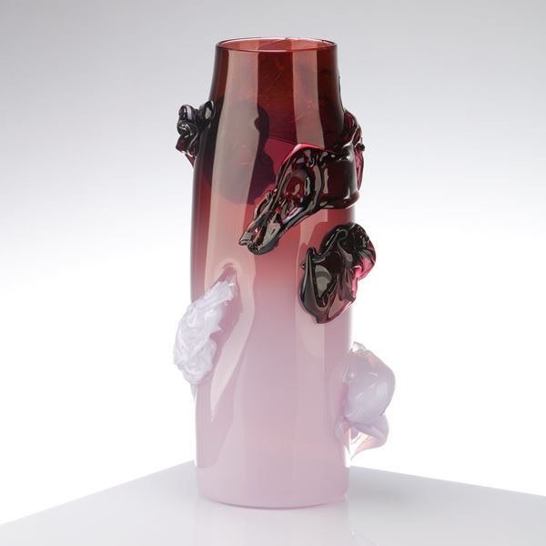 tall cylindrical vase with tapering neck with opaque lilac base blending to rich transparent dark purple aubergine with with additional surface abstract organic flourishes and textures handmade from glass