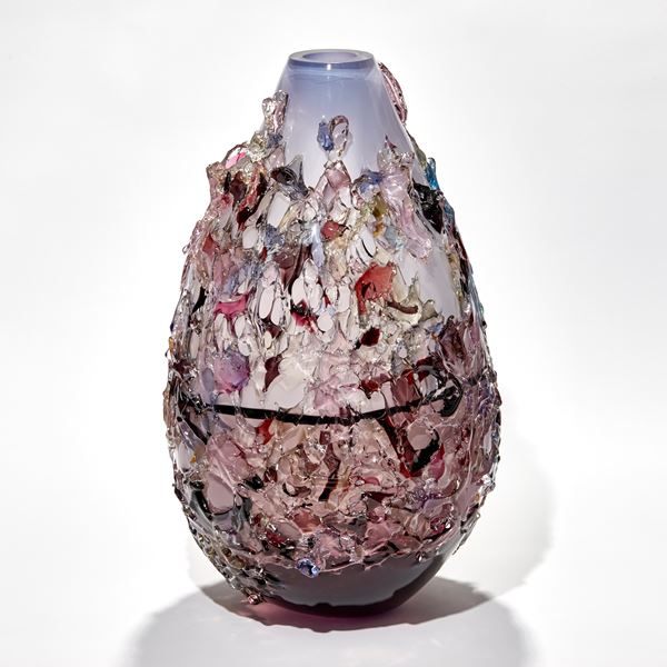 teardrop shaped vase with organic texture across the surface handmade from glass in aubergine and lilac with link and dark purple